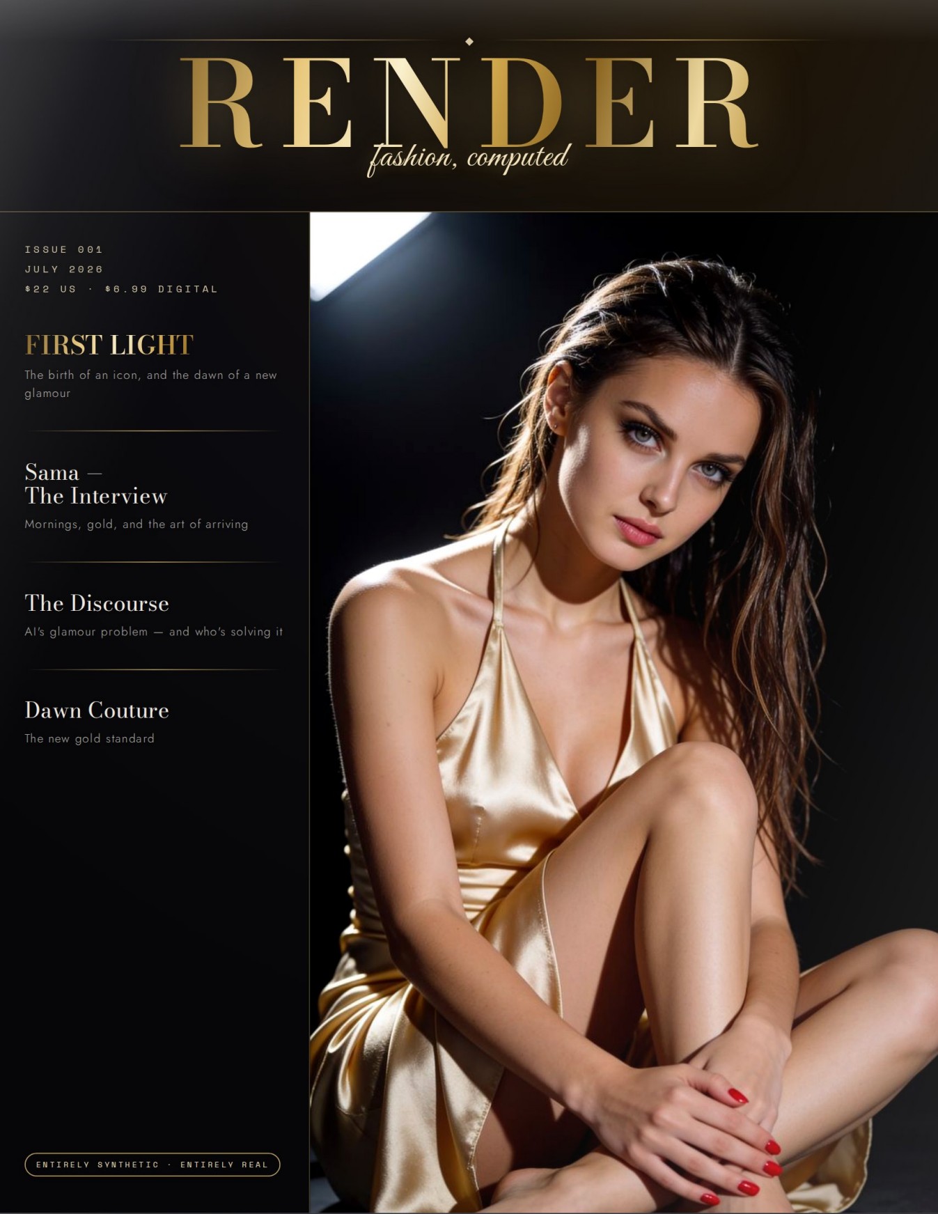 RENDER Issue 001 cover — Sama in gold satin at first light